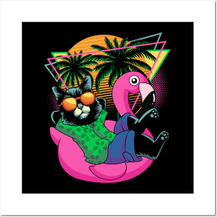 Retro 80s 90s Flamingo Cat Gifts Men Kids Women Funny Cat Posters and Art